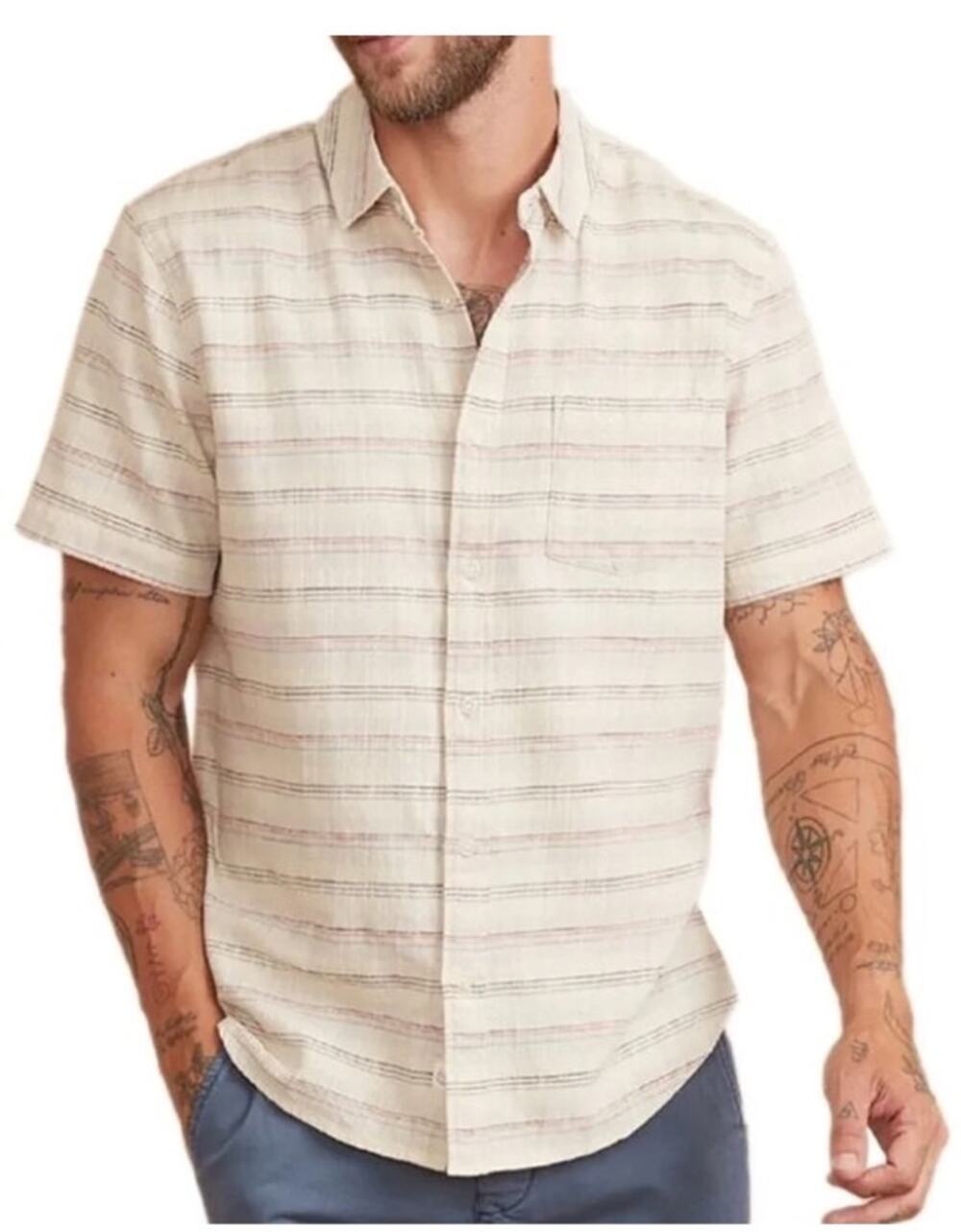 Marine Layer Short Sleeve Selvage Shirt Natural Multi Stripe Men’s Size XLarge